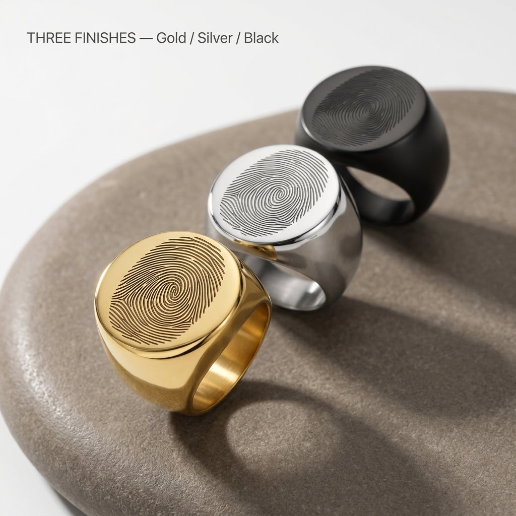 Custom Fingerprint Signet Ring | Personalized Laser Engraved Ring from Your Fingerprint — Gold / Silver / Black