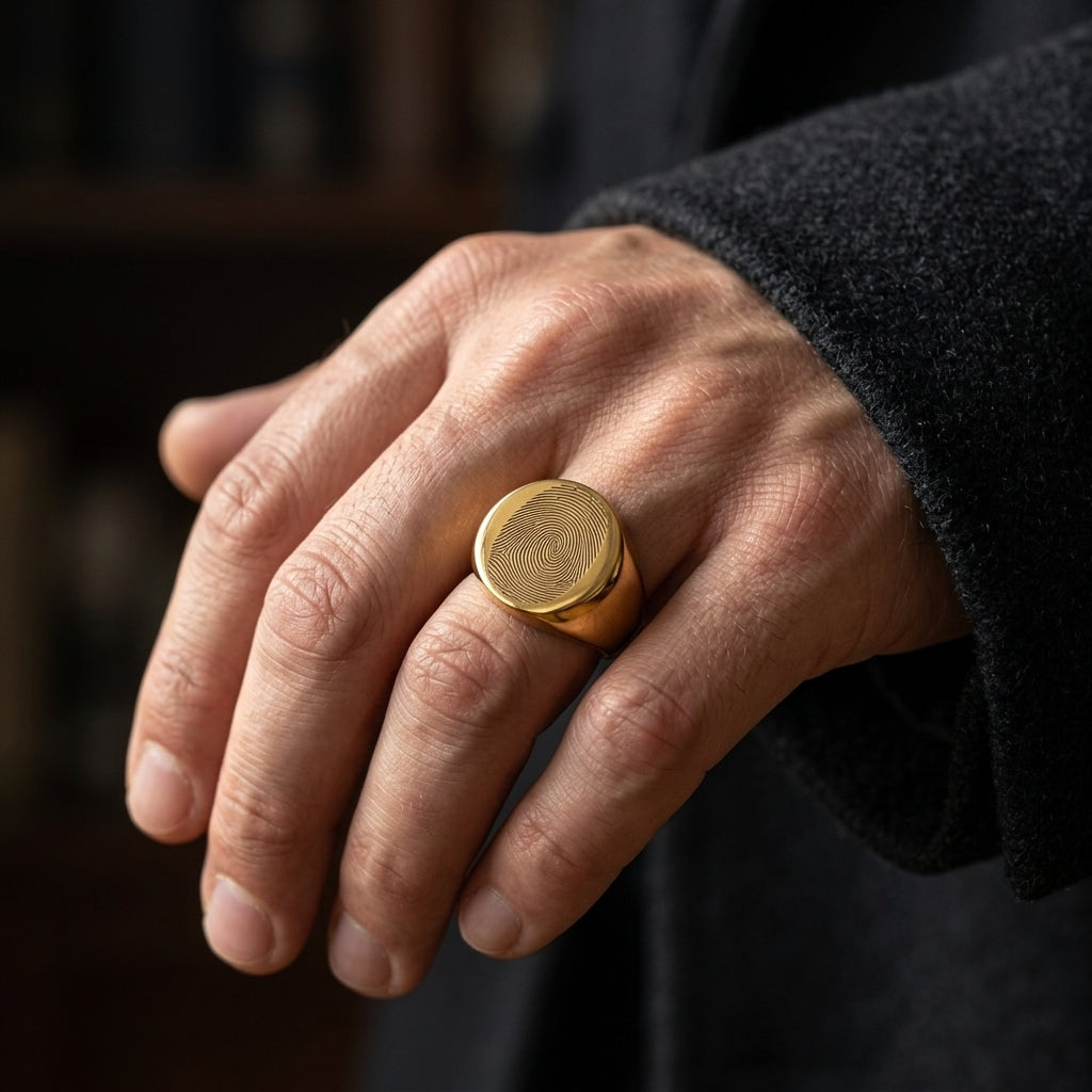 Custom Fingerprint Signet Ring | Personalized Laser Engraved Ring from Your Fingerprint — Gold / Silver / Black