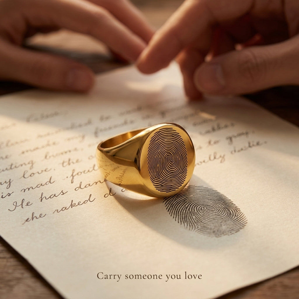 Custom Fingerprint Signet Ring | Personalized Laser Engraved Ring from Your Fingerprint — Gold / Silver / Black