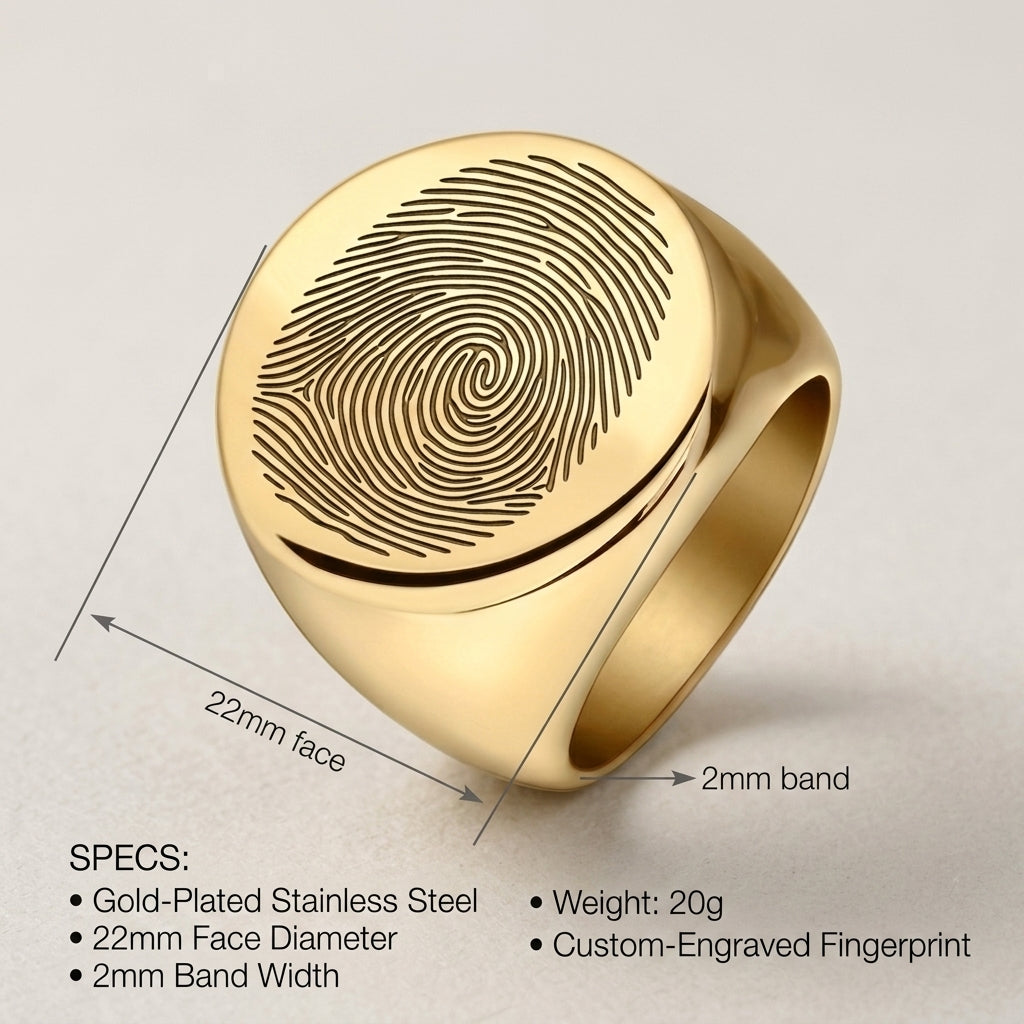 Custom Fingerprint Signet Ring | Personalized Laser Engraved Ring from Your Fingerprint — Gold / Silver / Black