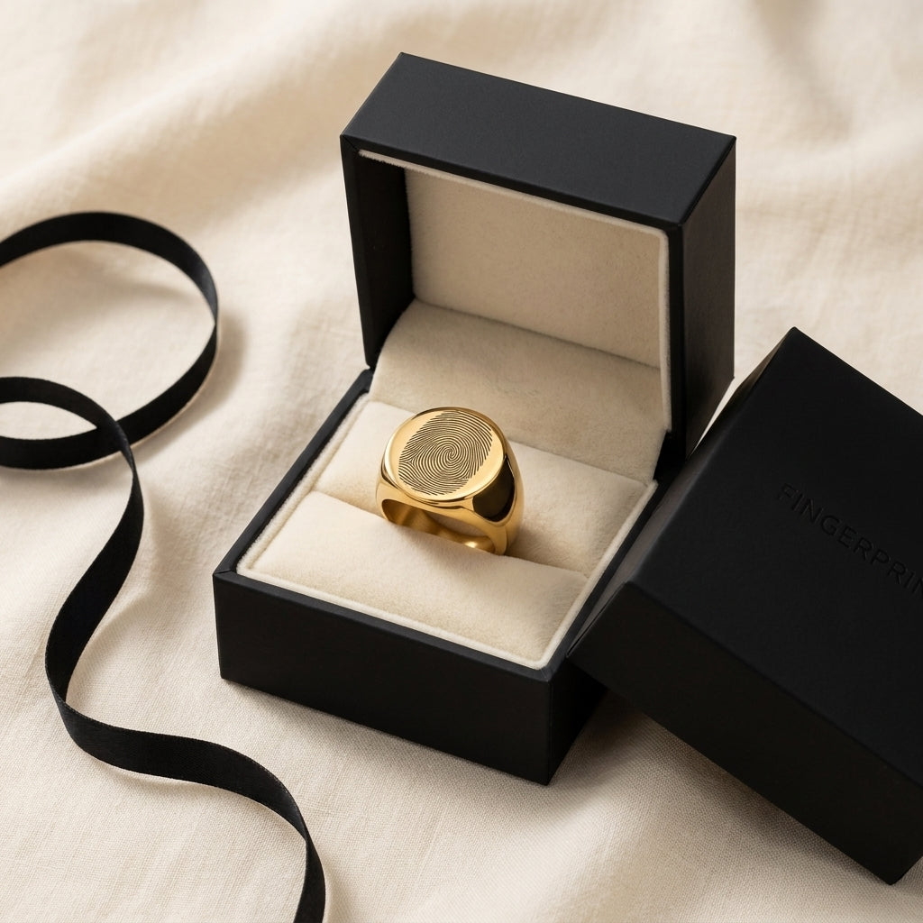 Custom Fingerprint Signet Ring | Personalized Laser Engraved Ring from Your Fingerprint — Gold / Silver / Black