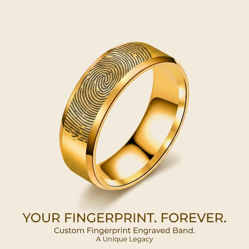 Custom Fingerprint Engraved Band Ring | Personalized Stainless Steel Wedding Band — Gold / Silver / Black