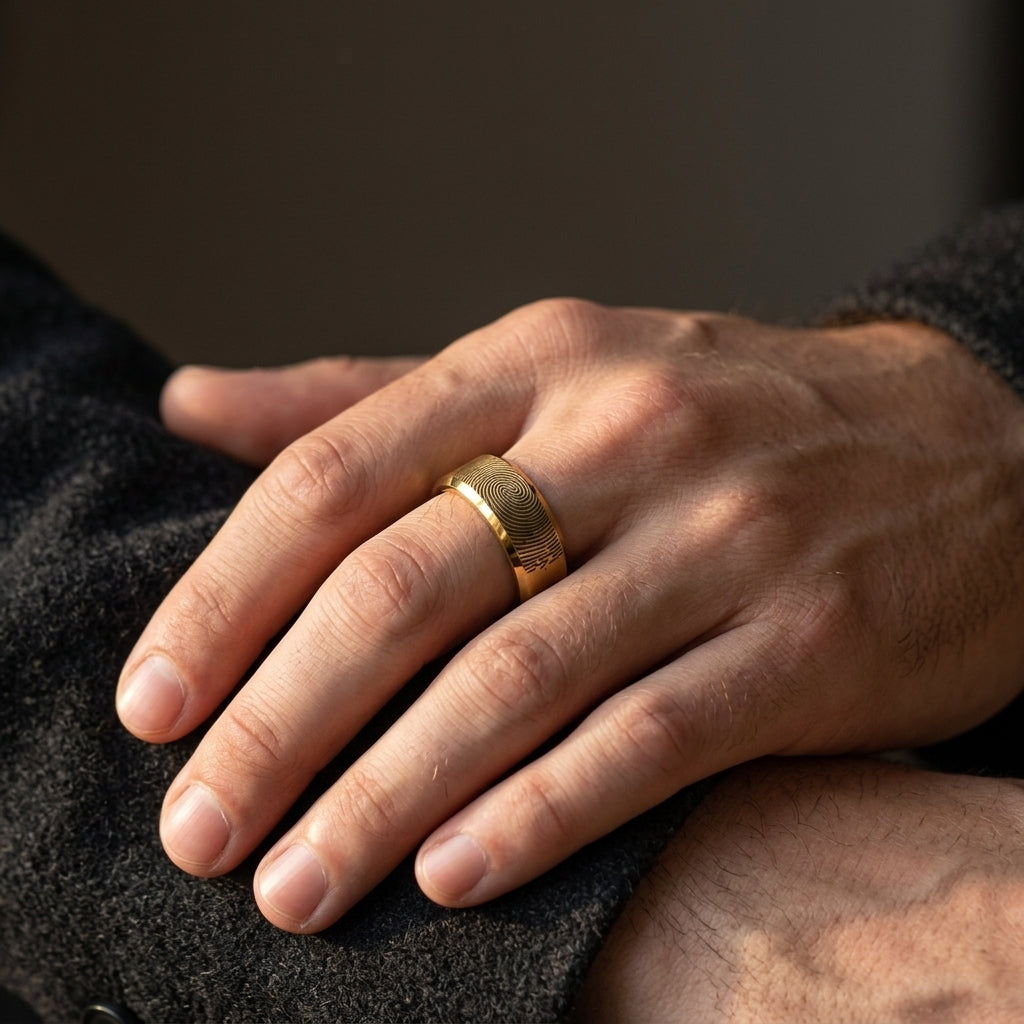 Custom Fingerprint Engraved Band Ring | Personalized Stainless Steel Wedding Band — Gold / Silver / Black
