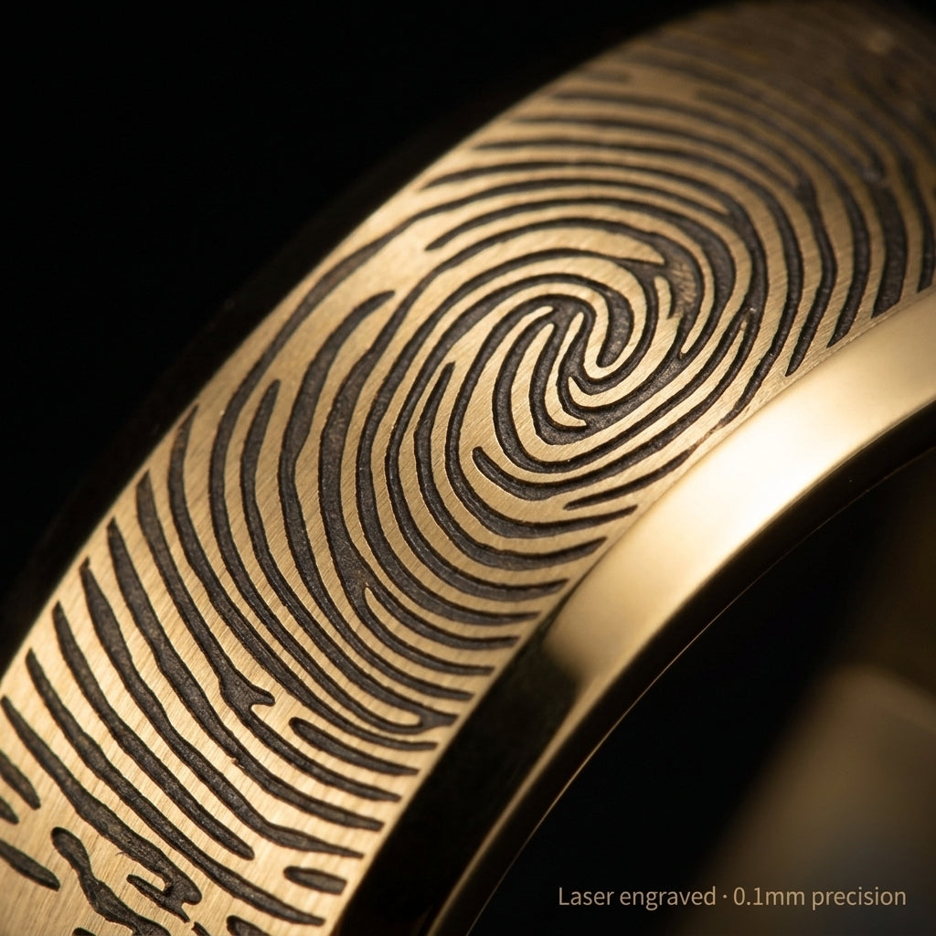 Custom Fingerprint Engraved Band Ring | Personalized Stainless Steel Wedding Band — Gold / Silver / Black