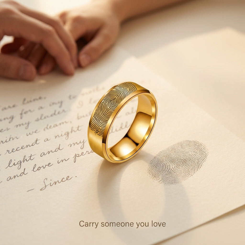 Custom Fingerprint Engraved Band Ring | Personalized Stainless Steel Wedding Band — Gold / Silver / Black