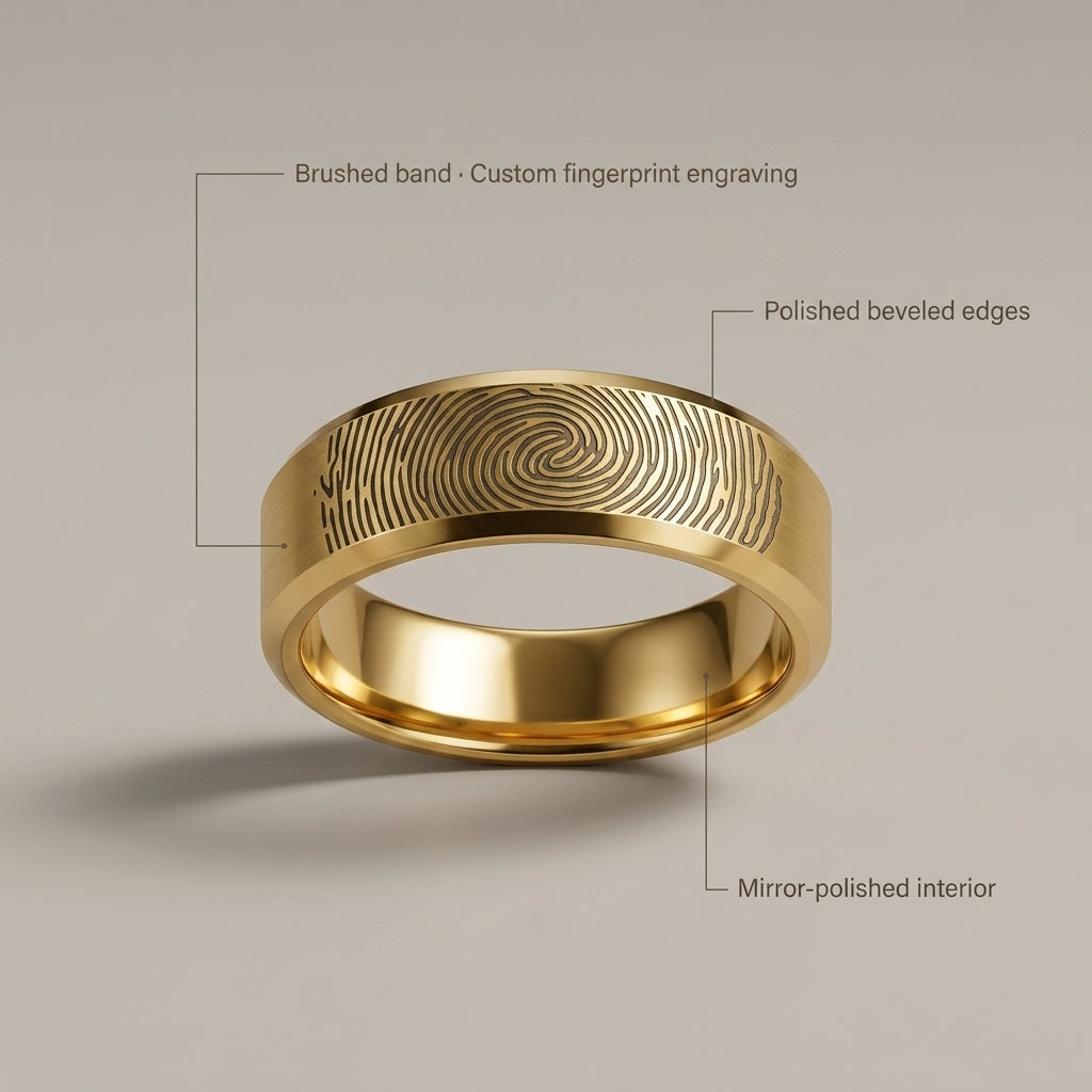 Custom Fingerprint Engraved Band Ring | Personalized Stainless Steel Wedding Band — Gold / Silver / Black